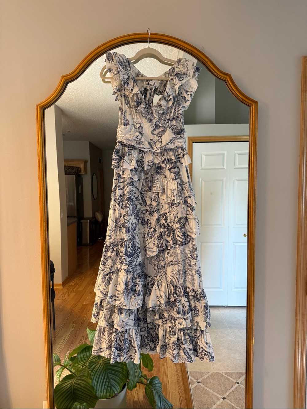 Reformation White and Navy Ruffled Floral Maxi Dress